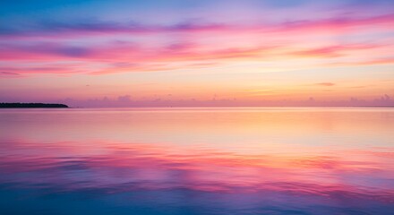 Fototapeta premium A vibrant watercolor background with a tropical sunset reflecting over a calm blue lagoon