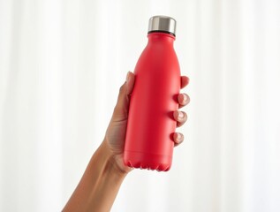 Holding a red stainless steel water bottle in hand