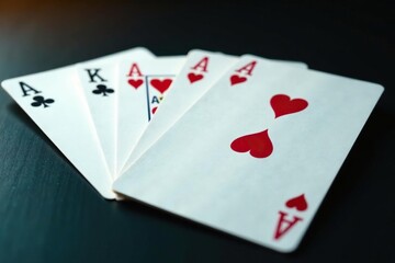 Fototapeta premium Four aces spread on a surface, showcasing a classic poker hand , top view, photography