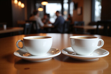 Fototapeta premium Two cups of coffee sit on a wooden table