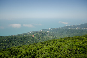 Fototapeta premium Lush green mountains stretch towards distant blue ocean under clear sky. Thick forest covers slopes, while horizon blurs where sea meets sky. Bright daylight enhances natures vibrant colors