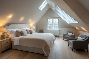 A well lit and cozy bedroom with neutral toned furniture