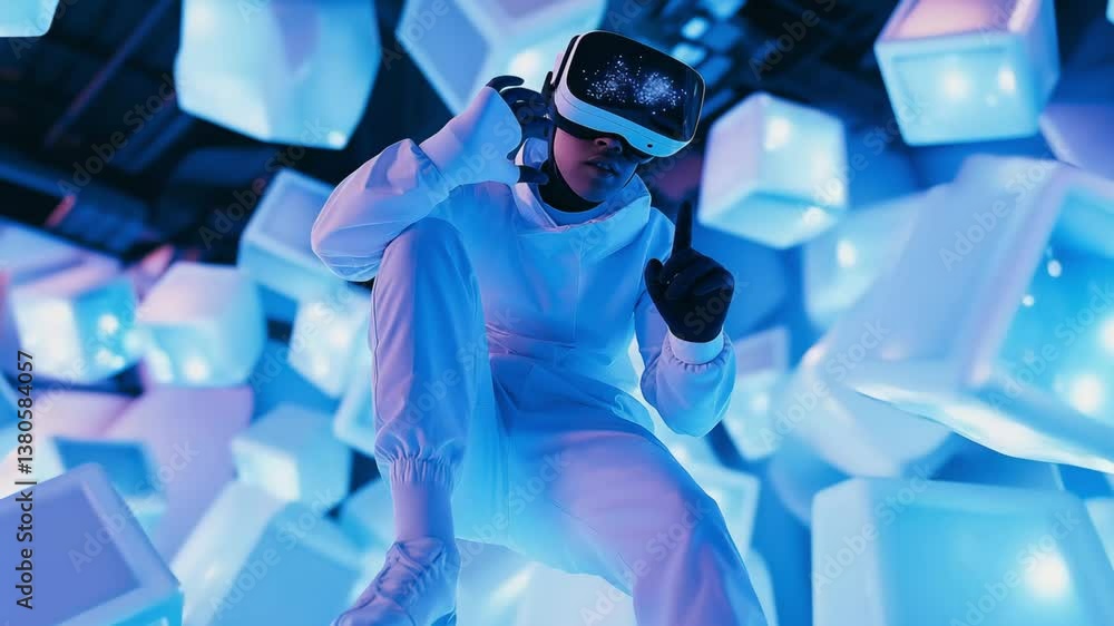 Poster a person engages with virtual reality, surrounded by glowing cubes and advanced technology in a mode