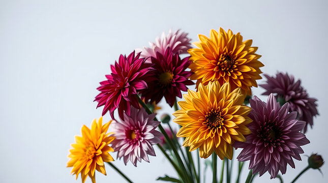 A collection of real colourful dwarf dahlia flower heads isolated against a transparent background for design elements
