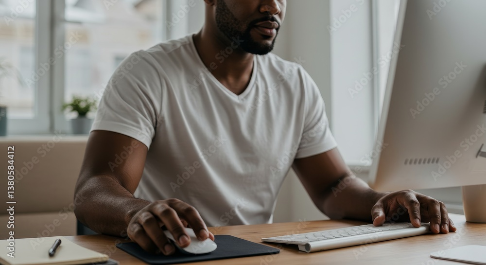 Aufkleber american man working on computer at desk - a focused man uses a computer mouse, symbolizing producti