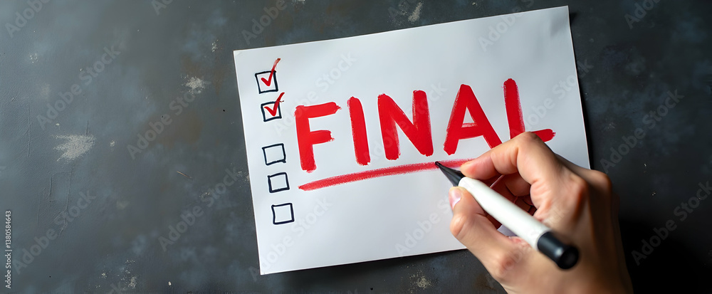 Aufkleber final checklist being marked with red ink symbolizes completion and readiness.