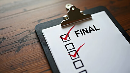 A clipboard with a checklist titled "FINAL" featuring two checked items on a wooden surface.