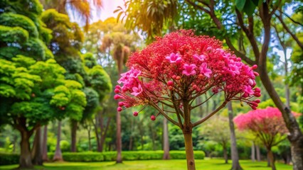 Naklejka premium A single beautiful pink Brachychiton flower blooms in a lush green garden amidst tall trees and vibrant foliage, blossom, pink flower