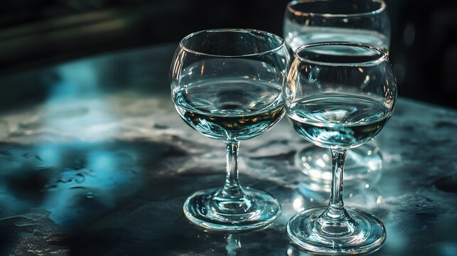 Close up shot of three clear stemmed glasses filled with liquid on a reflective surface indoors dark background