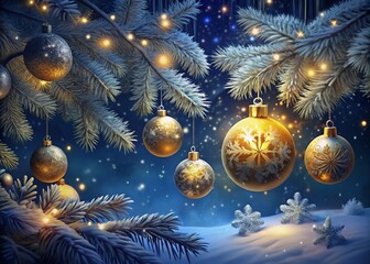 Sparkling Snowflakes & Gold Christmas Ornaments on Fir Branches - Night Photography