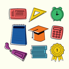 Set of school supplies . Cute school stationery collection.
