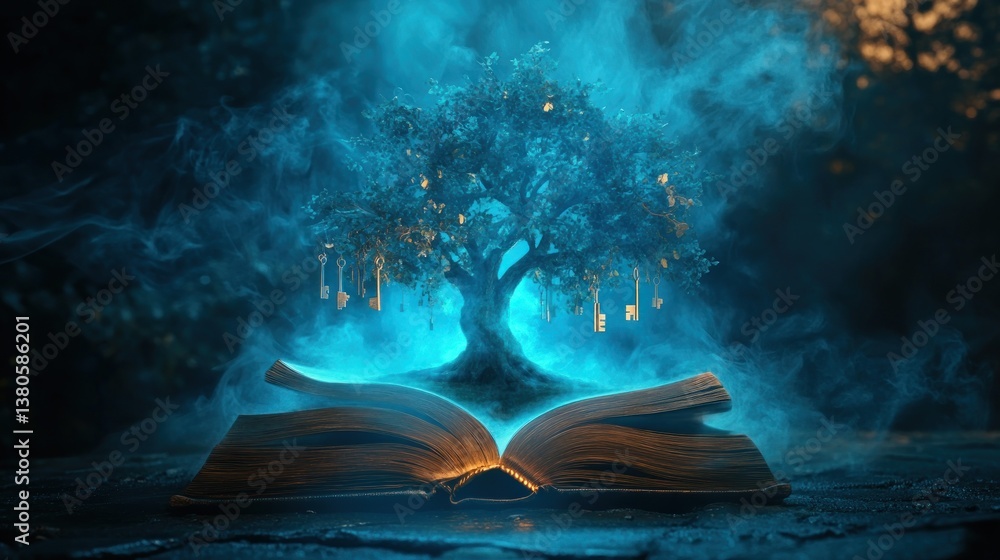 Poster mystical glowing tree growing from an open book in a dark, smoky setting.