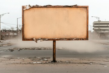 Weathered billboard stands alone in desolate urban landscape, ev