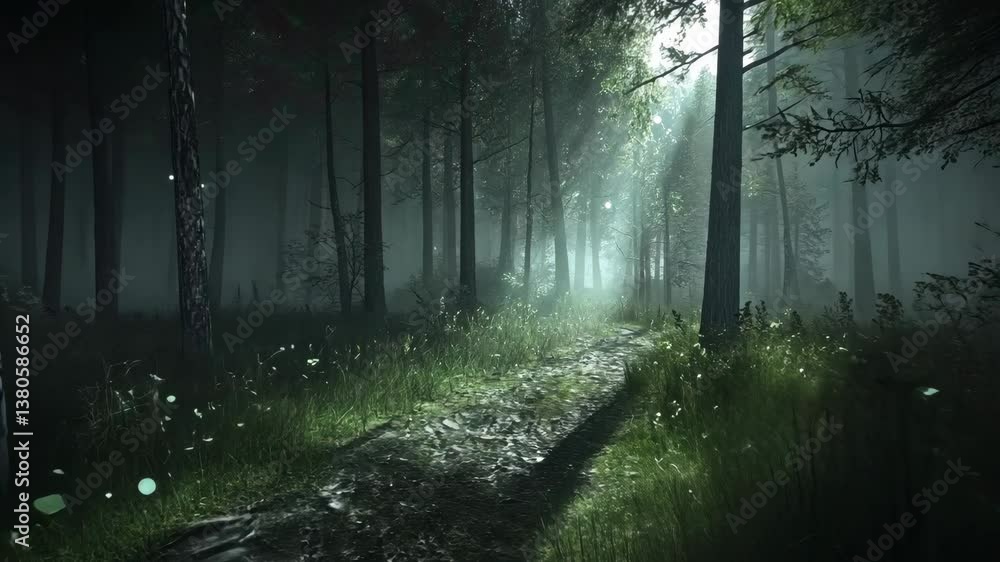 Poster mysterious forest path illuminated by moonlight amidst dense trees and fog in tranquil evening atmos