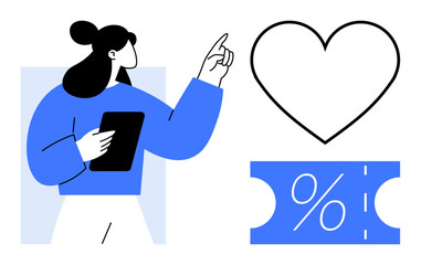 Woman in blue and white holding tablet and pointing towards heart and discount coupon. Ideal for shopping, online sales, customer engagement, loyalty programs, discounts, marketing campaigns, retail
