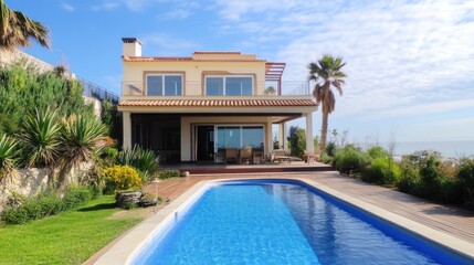 Fototapeta premium Coastal luxury villa featuring a pristine pool and stunning ocean views