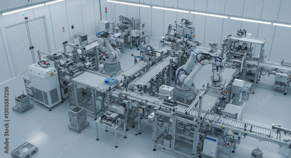 Poster automated production line in cleanroom facility - high-angle view of an automated production line wi