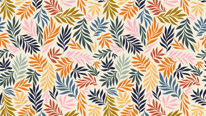Flowing Leaves Tropical Vector Exotic Seamless Pattern Repeat for Summer Wallpaper, Ditsy Fabric Textile Design. Hand Drawn Warm Color Silhouettes Botanical Line Drawing Art Print