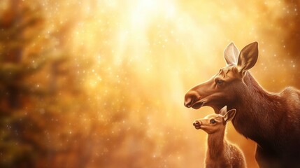 Majestic moose and calf in golden forest light. Mother's Day, Mothering Sunday, Dia de la Madre - Global Maternal Celebration, Worldwide Family Holiday