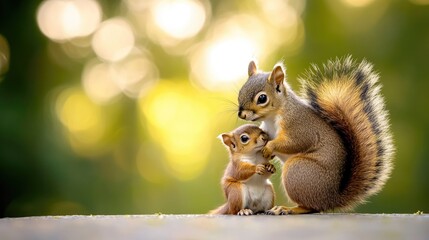 Tender moment between adult and baby squirrel in sunlit forest. Mother's Day, Mothering Sunday, Dia de la Madre - Global Maternal Celebration, Worldwide Family Holiday
