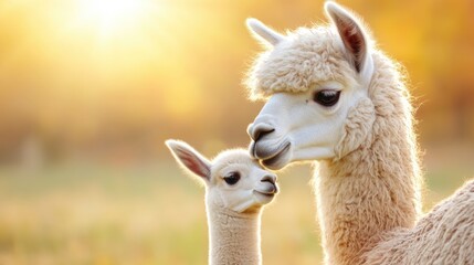 Obraz premium Adorable llama and baby in sunlit pasture during golden hour. Mother's Day, Mothering Sunday, Dia de la Madre - Global Maternal Celebration, Worldwide Family Holiday