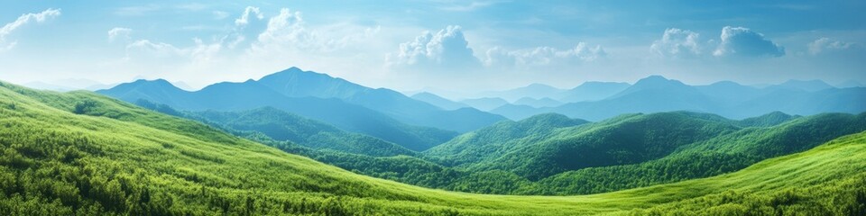 Fototapeta premium A panoramic view of lush green hills under a bright blue sky, with soft clouds drifting above and distant mountains creating a serene backdrop, ideal for nature-themed projects