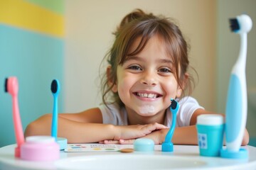 Smiling child enjoys brushing teeth during routine
