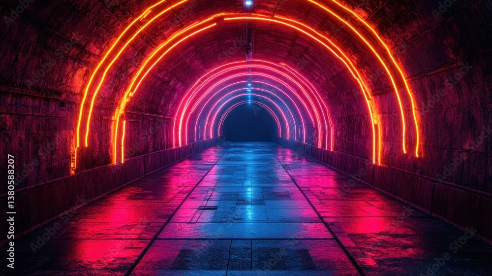 Aufkleber neon lights illuminate a futuristic tunnel with arched pathways and a reflective floor.