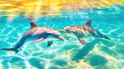 Obraz premium Playful dolphins swimming in vibrant clear ocean waters under sunlight. Mother's Day, Mothering Sunday, Dia de la Madre - Global Maternal Celebration, Worldwide Family Holiday