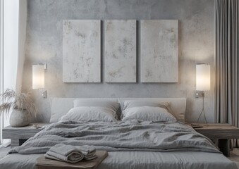 A modern bedroom displays neutral colors and minimalist decoration elements