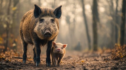 Wild boar and piglet walking together in a forest pathway. Mother's Day, Mothering Sunday, Dia de la Madre - Global Maternal Celebration, Worldwide Family Holiday