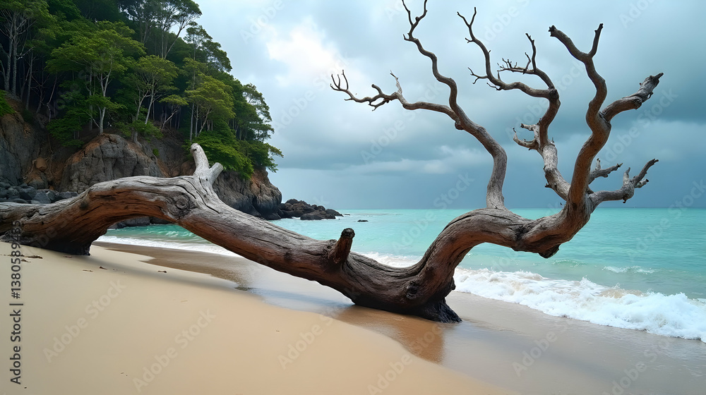 Aufkleber a twisted tree branch extends over a tranquil beach with turquoise waters and cloudy skies in the ba
