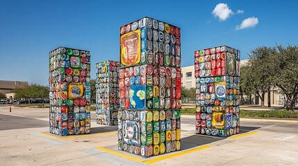 Obraz premium Colorful can lid sculptures outdoor urban park