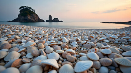 Obraz premium A serene beach scene featuring a variety of shells with rocky formations in the background at sunset.