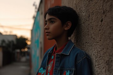 Young boy gazes thoughtfully against textured wall, capturing ur