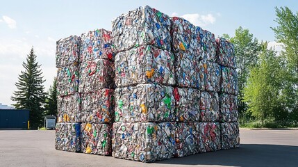 Recycled metal and plastic bales in outdoor storage yard