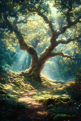 Fototapeta premium Ancient Oak's Dominance in Forested Serenity: A Timeless Natural Landscape