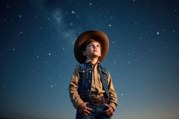 Young cowboy gazing at the starry night sky