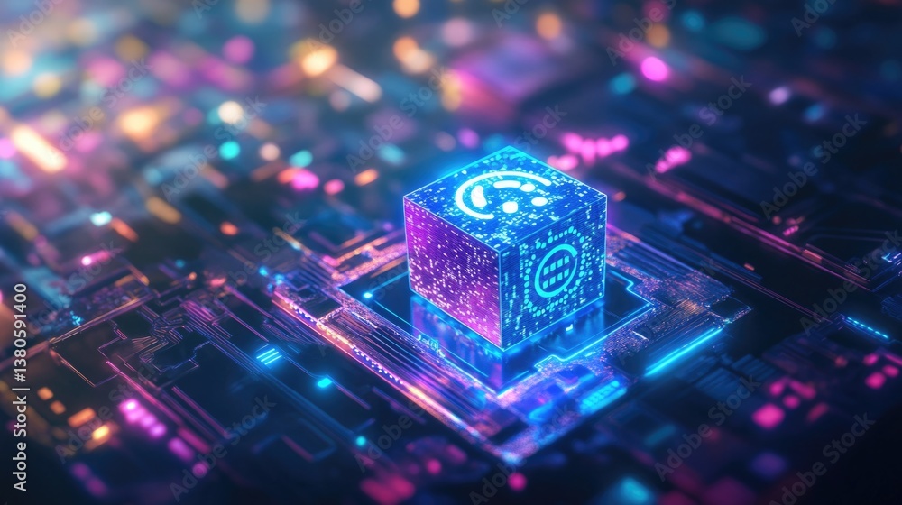 Poster futuristic neon ai processor with glowing circuitry and digital cube