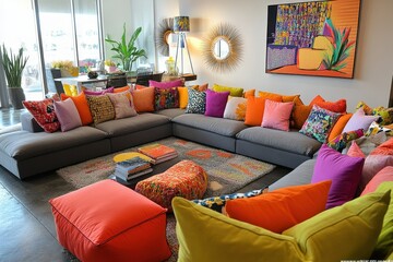 Large sectional sofa in an open-concept living space with vibrant decor accents