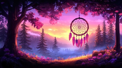 Fototapeta premium Serene dreamcatcher hanging among the colorful trees. Concept of dreams, spirituality and calmness. Ideal for greeting card, wall art, home decor project.