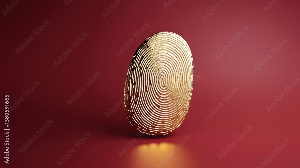 Poster golden fingerprint on red background with golden cubes. biometric identification technology for secu