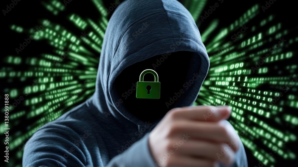 Poster man in hoodie with green padlock. cyber security concept for digital device protection. computer sys