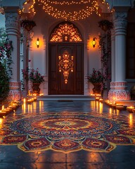 Obraz premium Festive outdoor decor glowing diwali lamps high resolution picture