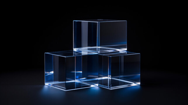 Fototapeta Still life of three stacked glossy transparent cubes on black background, ideal for futuristic display banner.  