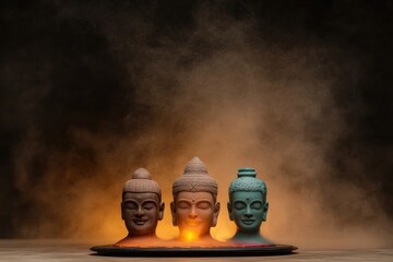 Trio of serene heads radiating tranquility, surrounded by mystic