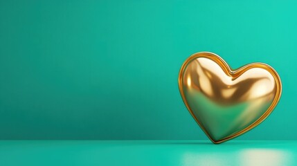 Golden heart shiny metallic symbol on teal background