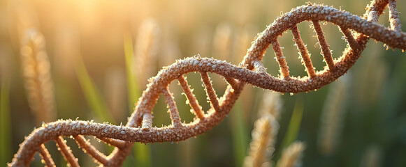 A DNA strand blends with a soft-focus backdrop of golden wheat in a serene setting.