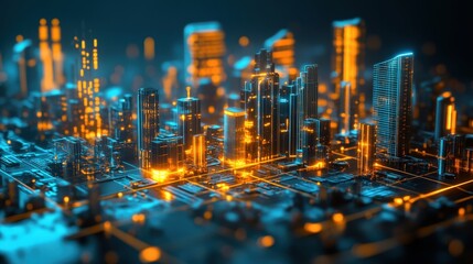 Futuristic cityscape in 3D with glowing holographic elements