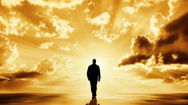 A person walks confidently towards a radiant horizon, illuminated by golden sunlight piercing through vibrant clouds